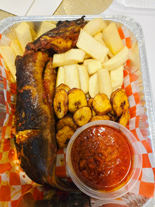 Platter grilled catfish,plantain, fried yam and sauce