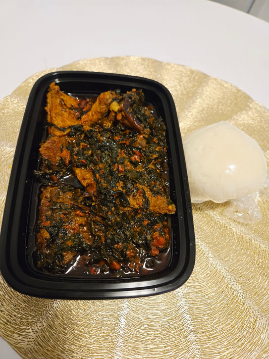 Single serve Efo riro with 1 wrap of poundo